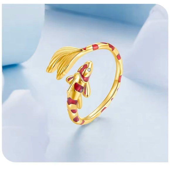 Moon Goddess Emporium Jewelry - 18K Gold Bohemian Lucky Koi Fish Enameled Detailing Ring Open Ring Adjustable